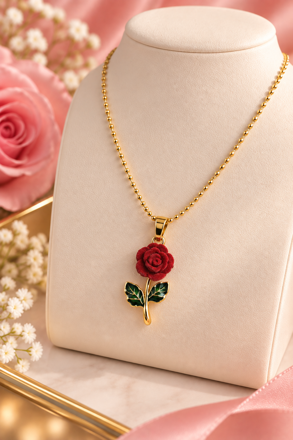 Collar de rosa roja con hojas verdes