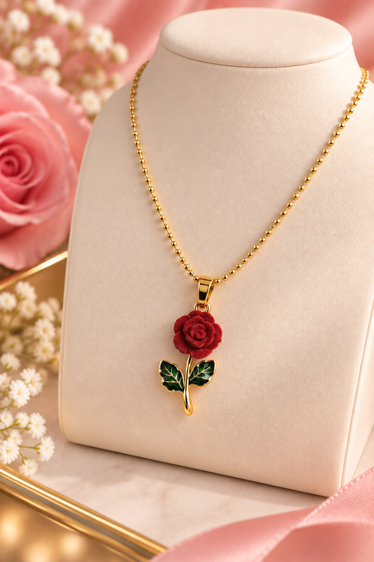 Collar de rosa roja con hojas verdes